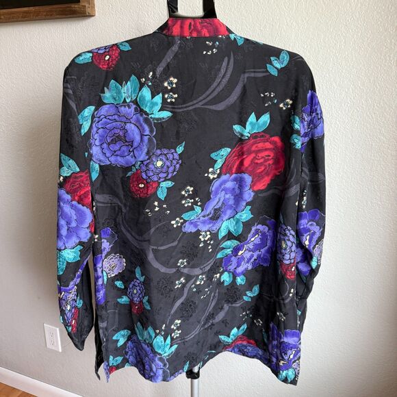 Vintage Chicos Design Dark Floral 100% Silk Asian Frog Knot Buttons Tunic Top XL - Picture 2 of 3